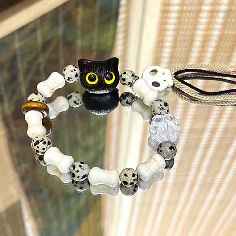 Skull Cat Handmade Bead Bracelet Ceramics Bead Cartoon Hand Ring Vintage Black Cat Bracelet  Women