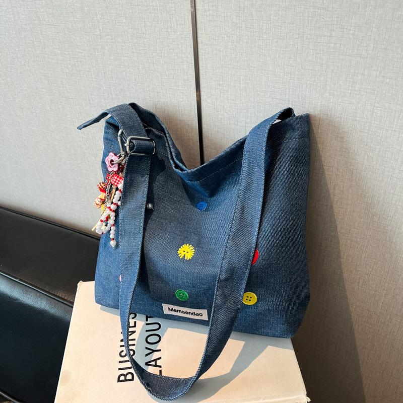 High-End bestickte Denim-Tasche Damen neue trendige Mode Schulter-Umhängetasche Pendler-Bucket-Bag