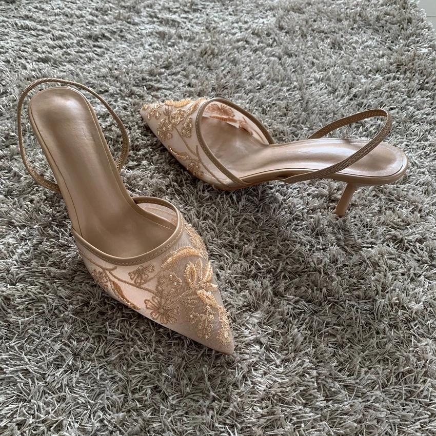 Fashion Mesh Embroidered Fashion Sandals Women String Bead High Heels Mules Shoes Pointed Toe Slingback Slippers Women Zapatos De Mujer