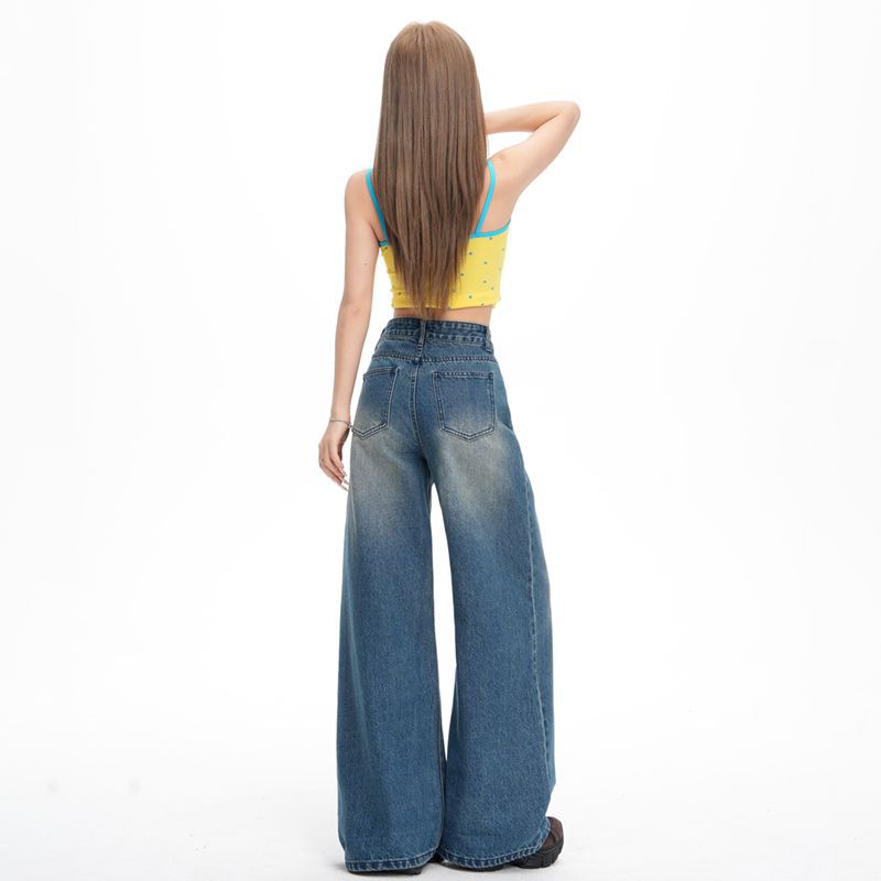 Spring Summer Vintage Washed Cat Whisker High Waist Relaxed Slim Straight Wide Leg Denim Pants For Women Casual Pants Oversize Denim Trousers
