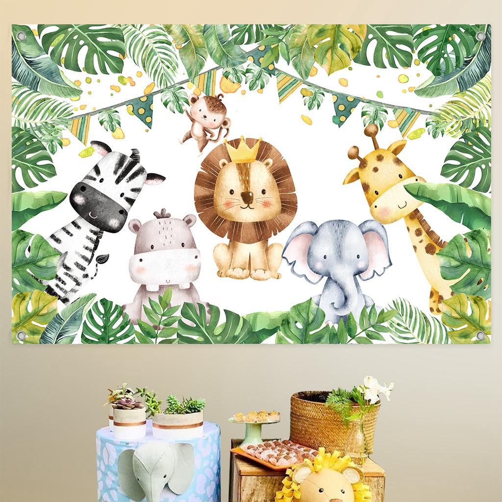 Djurdjungel Grattis på födelsedagen Bordslöpare Banderoll Djungelsafari Födelsedagsfest Dekorationer Babyshower Wild One Festtillbehör