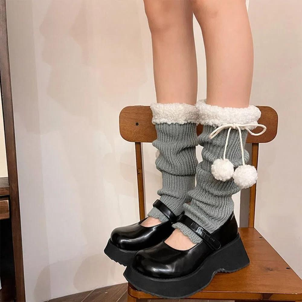 Lace Up Bowknot Lolita Stockings Plush Balls Leg Warmers Women Y2K Knitted Leg Warmer  Winter