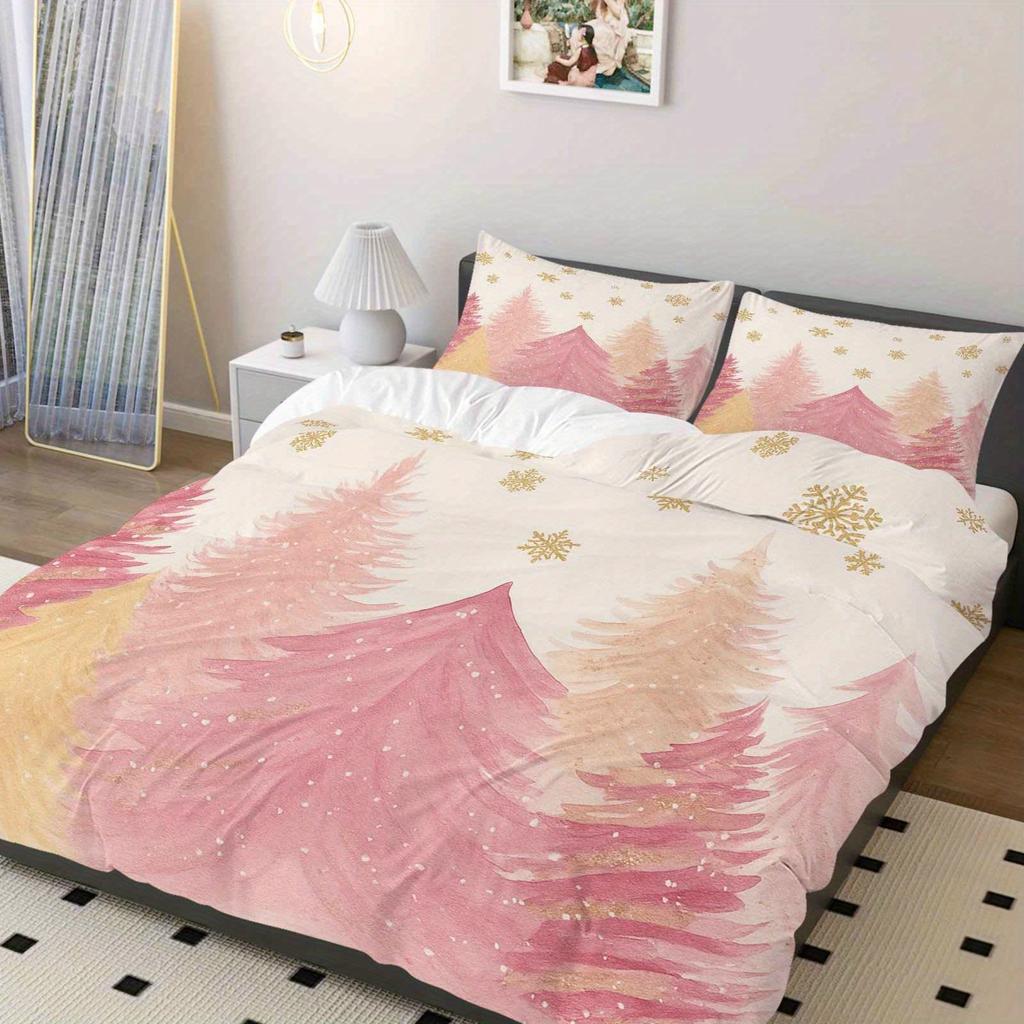 3-teiliges rosa Weihnachts-Schneeflocken-Wald-Bettbezug-Set Gemütliches Polyester Maschinenwaschbar Reißverschluss, Ganzjahreskomfort für Schlafzimmer