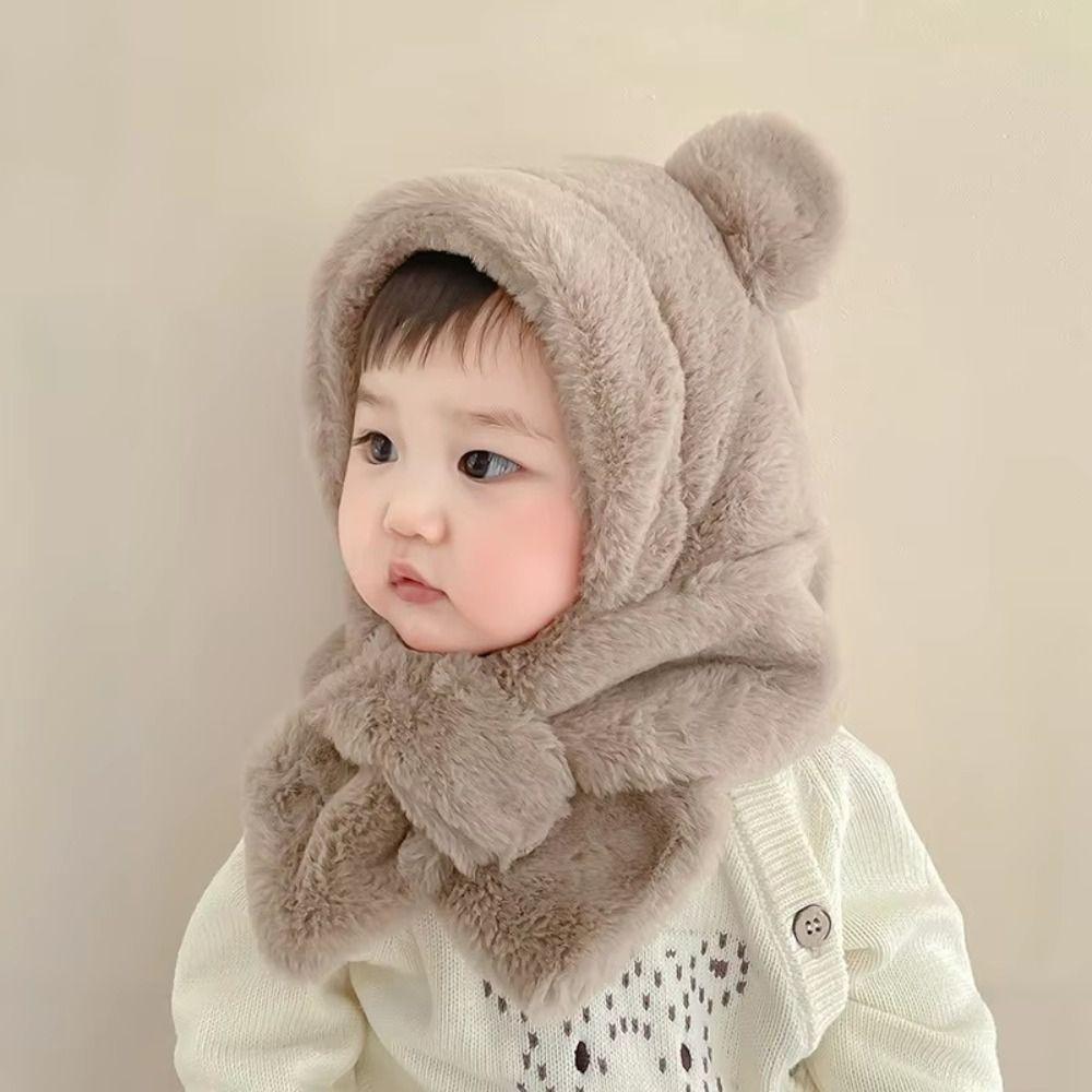 Faux Fur Baby Bear Plush Hat Winter Ear Protection Hats Cute One-Piece Hat Scarf  Kids