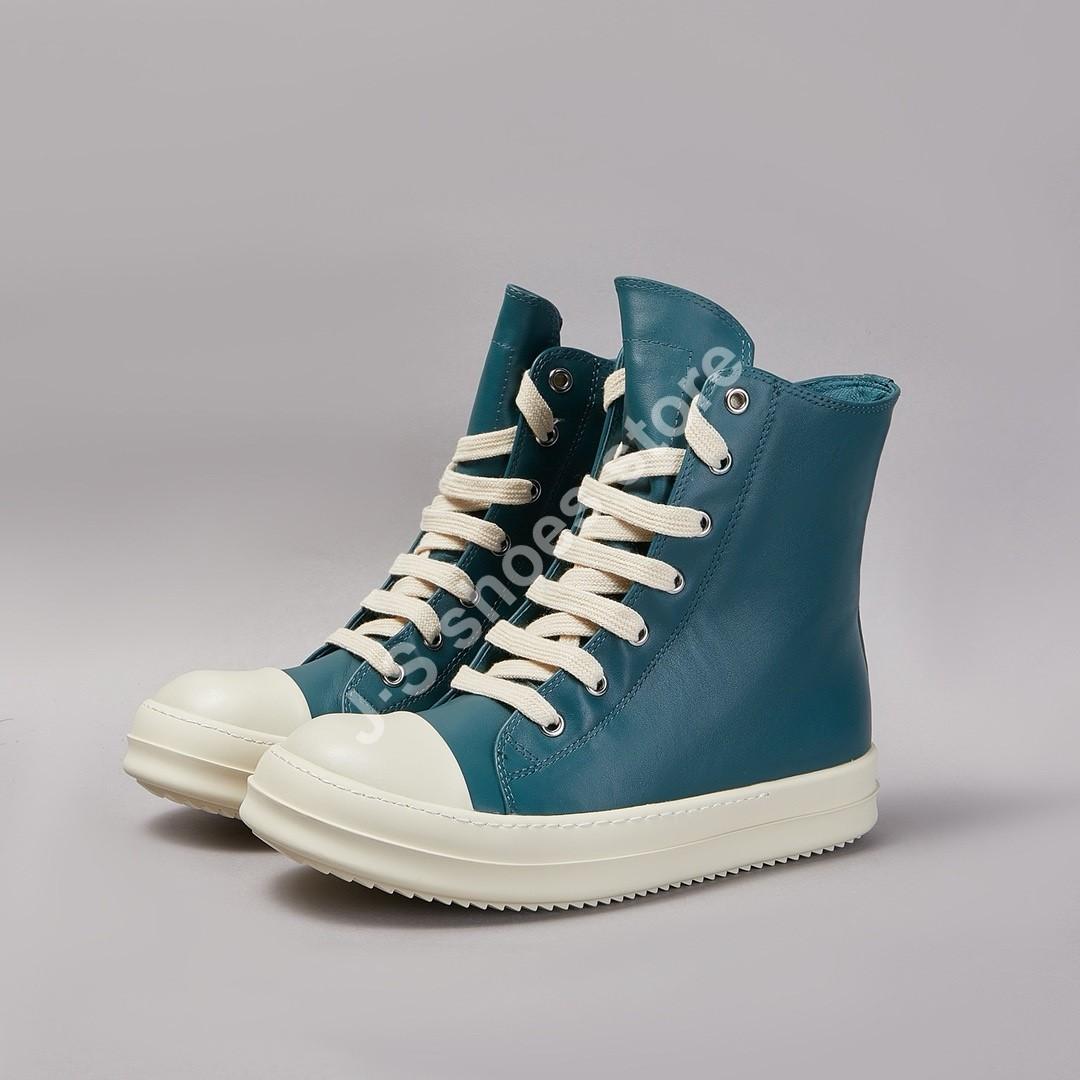 

R-o Бежевые кожаные ботинки из белой коровьей кожи Женская повседневная обувь Мужские кроссовки Высокие ботинки Толстая подошва Молния Шнуровка Плоские ботильоны 48 циан