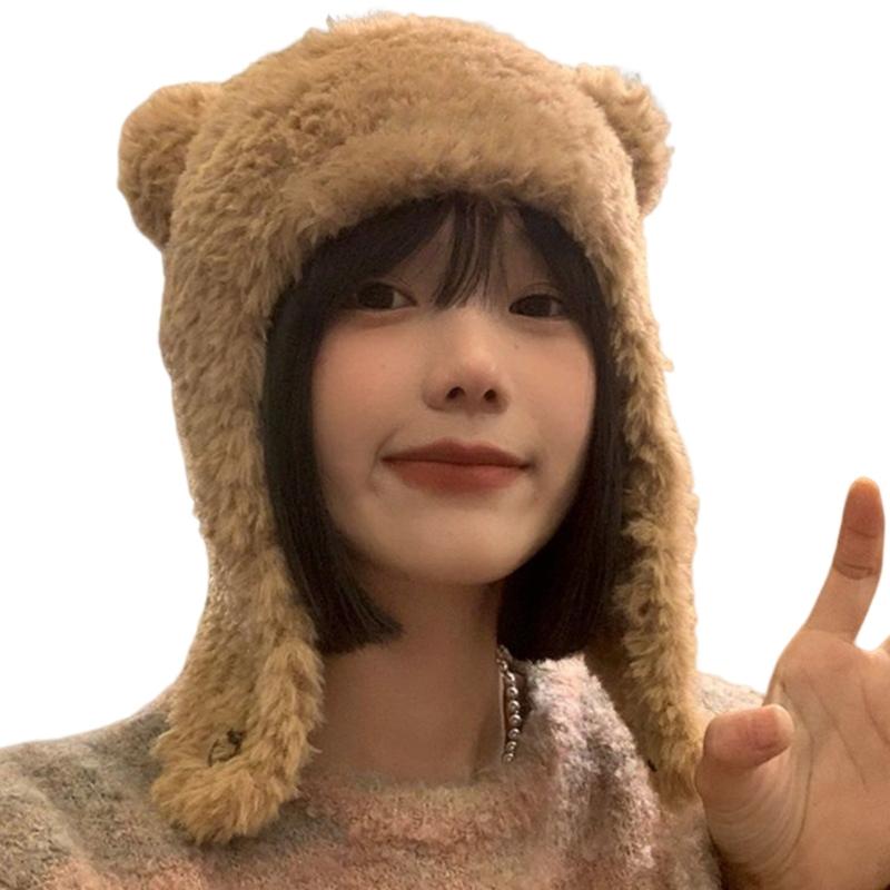 Bear Ear Hat Bear Earflap Beanie Hat Ski Hat Hooded Hat Fleece Earflap Beanie Bomber Hat Plush Trapper Hat