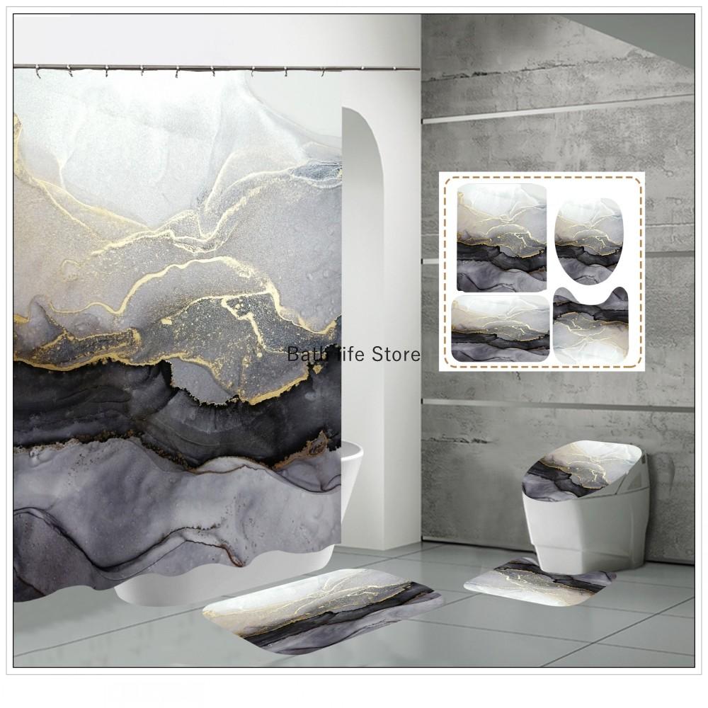 Luxury Golden White Marble Shower Curtain Modern With Non Slip Rug Mat Bathroom Waterproof Polyester Fashion Home Decor 180x180