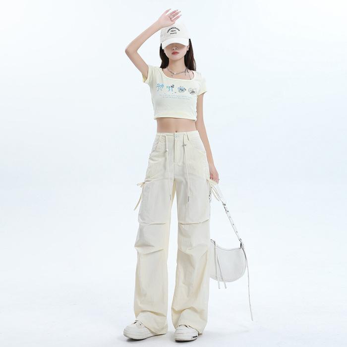 Women's High Waist Cargo Pants Wide Leg Trousers Quick Dry Drawstring Straight Pants Two Length Design Summer Casual Street Pants