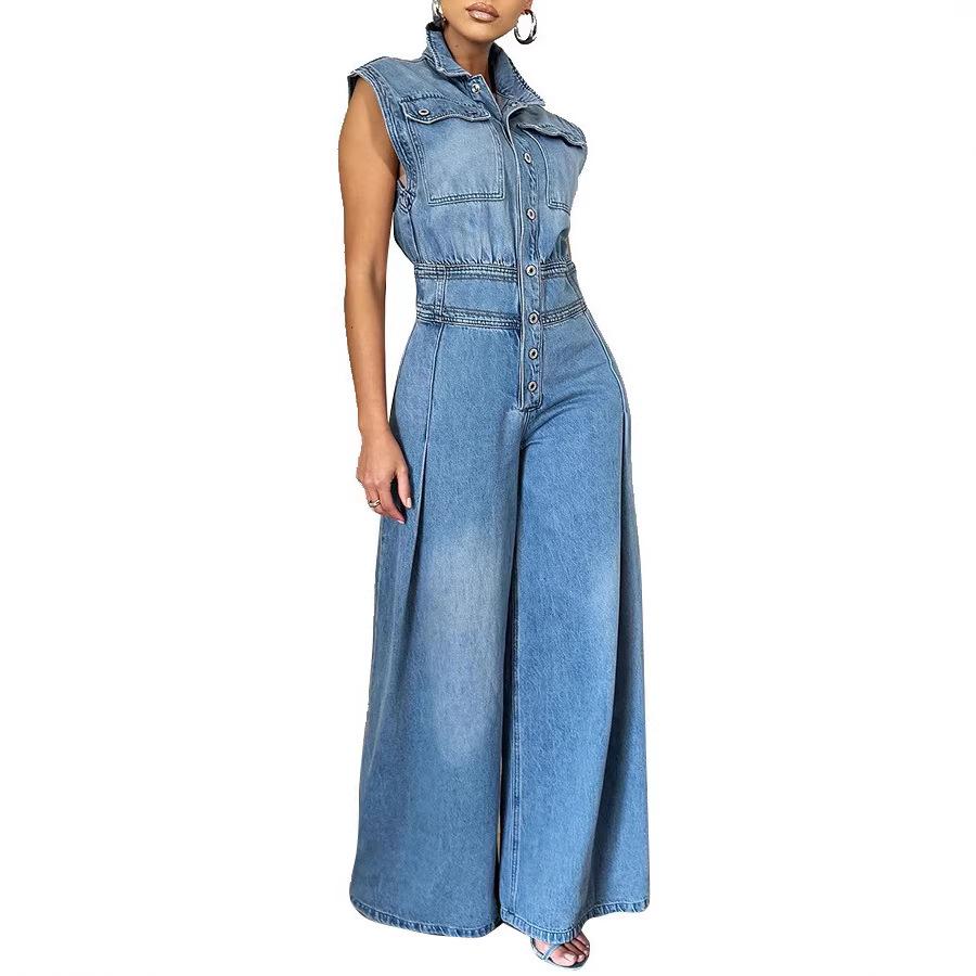 Elegant Women's Sleeveless Washed Denim Jumpsuit with Wide-Leg Pants