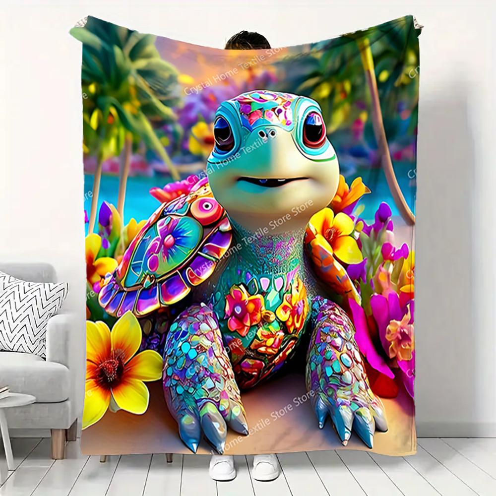 Playful Turtle Floral Design Flannel Blanket,Soft Warm Throw Blanket Nap Blanket For Couch Sofa Office Bed Camping Trave Blanket
