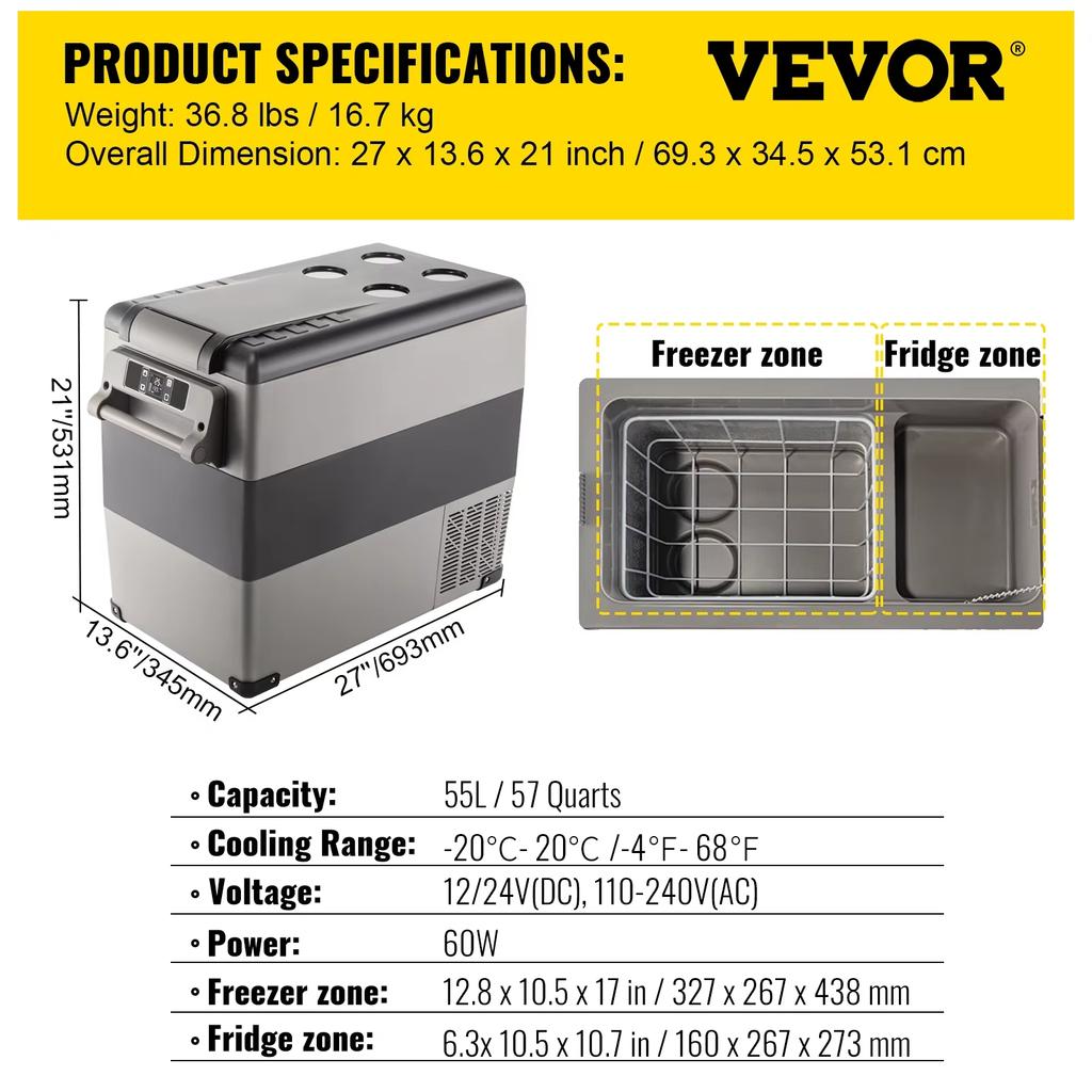 SIHAO 35/45/55L Dual Zone Portable Car Refrigerator Freezer -4F to 68F