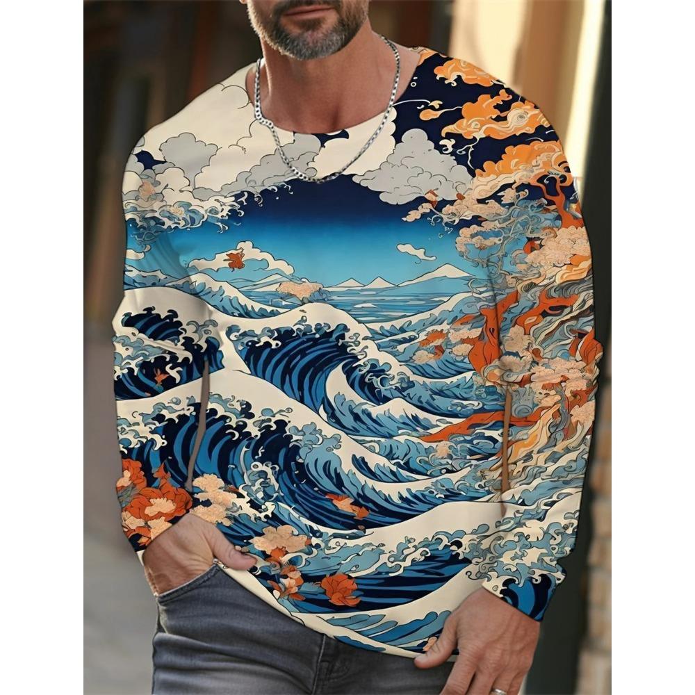 Spring and Autumn Round Neck 3D Ukiyoe  Printed Top Fashionable Casual Long Sleeved Men's T-shirts