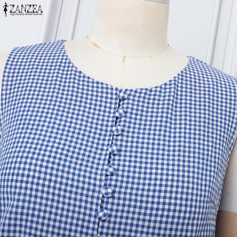 ZANZEA Women Casual Round Neck Summer Plaid Print Sleeveless Dress