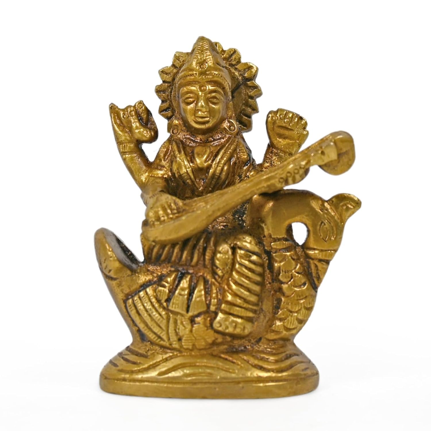 Идол богини Сарасвати, сидящей на лебеде, Богиня, Религиозная статуэтка, Латунь, Золотой идол