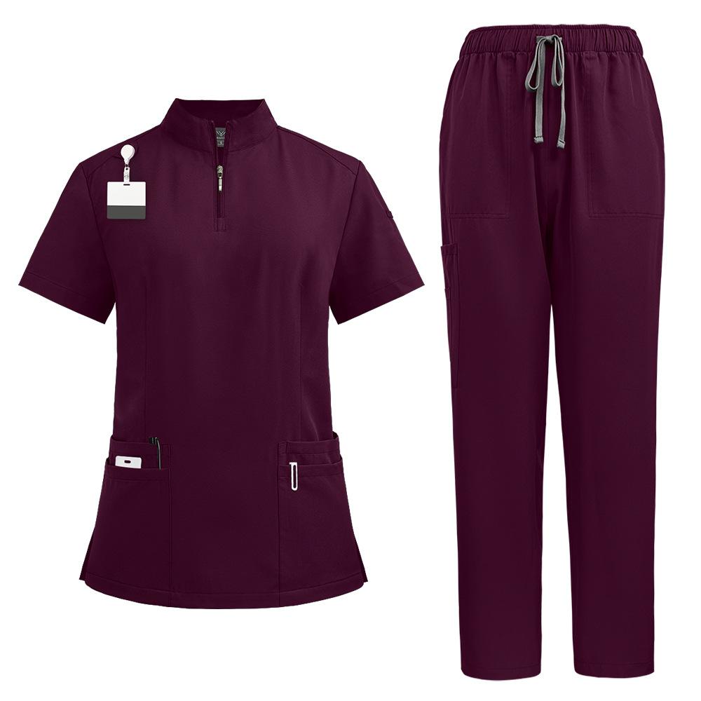 Stand-up Collar Zipper Doctor and Nurse Work Uniform Surgical Gown Straight Pants Solid Color Suit