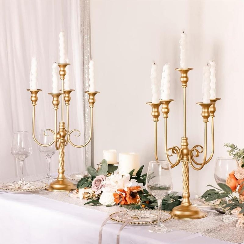 Iron Candelabra Tapers Candle Holders Candlestick Centerpieces with Five Candle Positions, a Golden Finish, and Formal Dinner or Ceremony Table