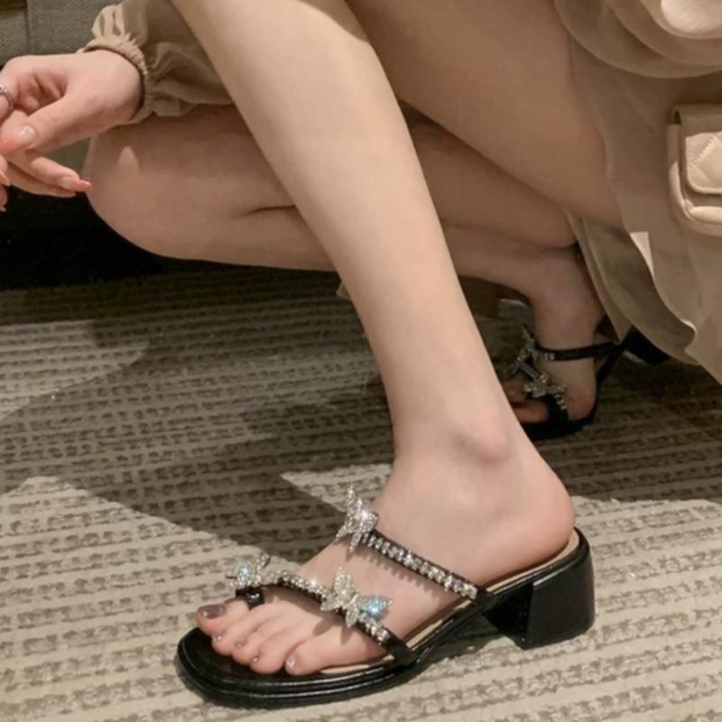 Fashion Women's Fashion Block Heel Slippers Summer New Round Toe Open Toe Sequin Bow Non-Slip Wear-Resistant Knit Shoes