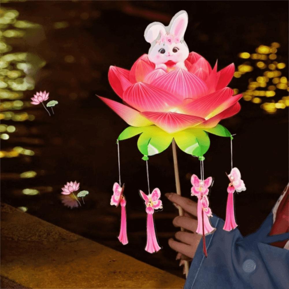 Rabbit Lotus Lantern Luminous Handheld Light Chinese Lantern Mid-Autumn Festival Lantern Chinese Style D