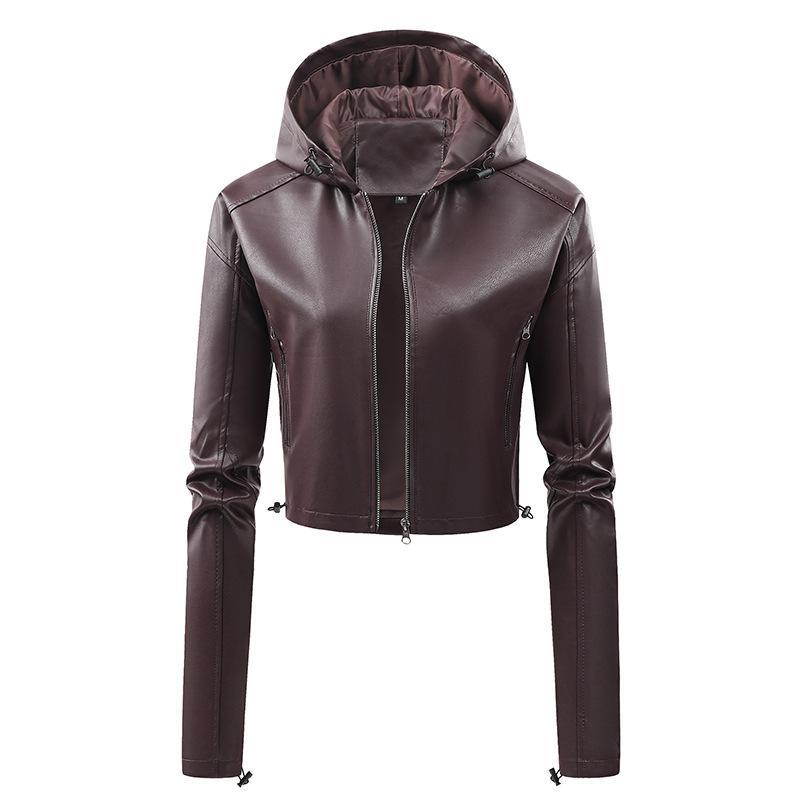 European and American hooded leather jacket large size leather jacket women's spring and autumn coat women's PU washed leather fashion locomotive