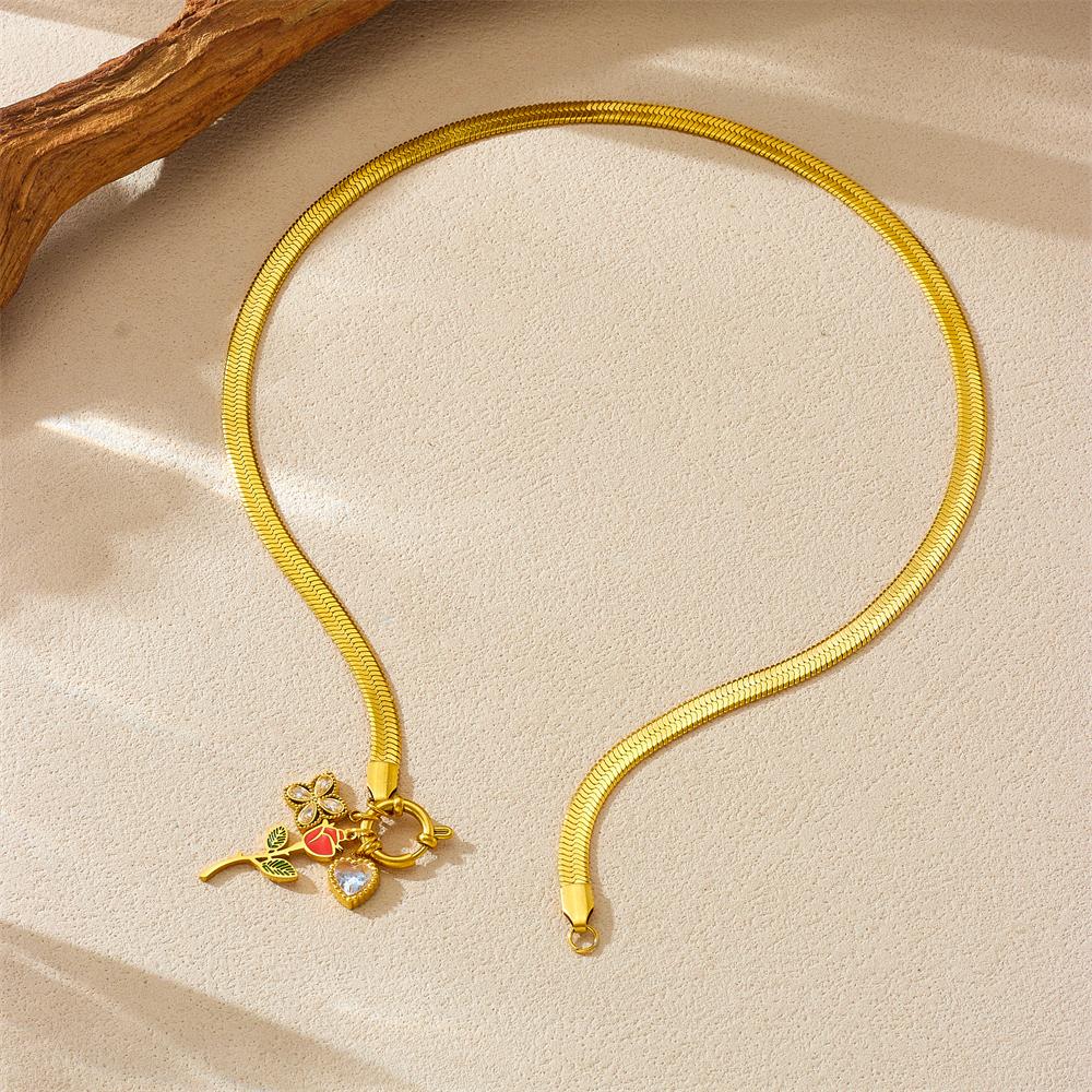 DIEYURO 316L Stainless Steell Rose Flower Pendant Snake Bone Necklace For Women Novel Trend Fashion Neck Jewelry Glamorous Gift