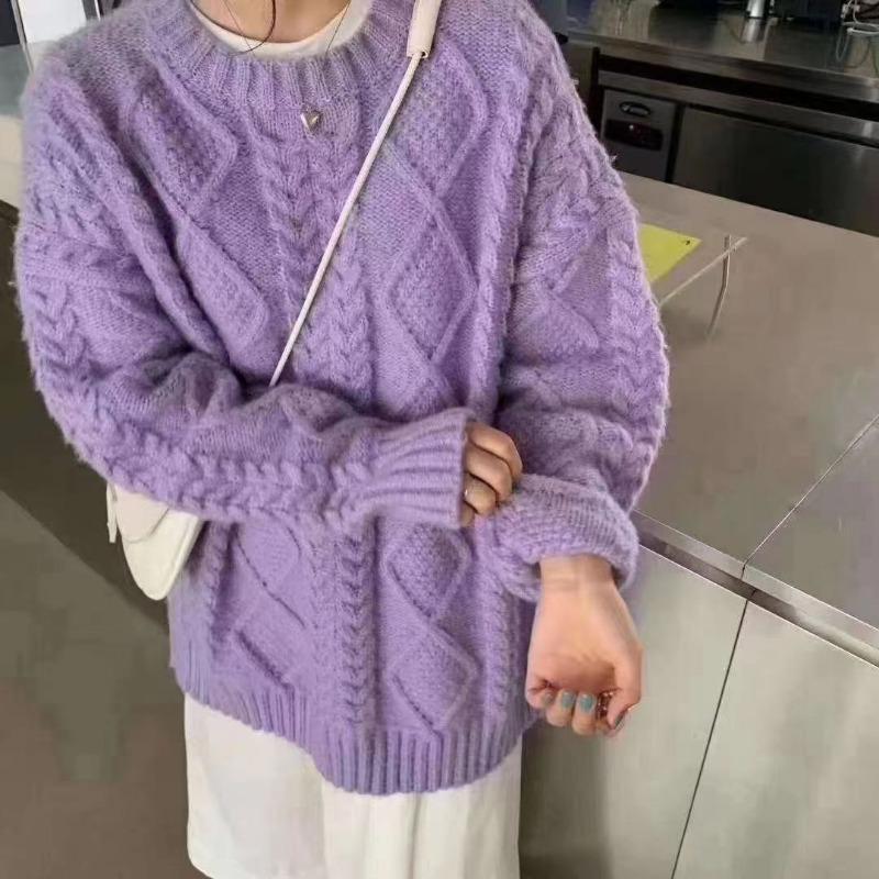 

Утепленный свитер женский ретро коса свободный верхняя одежда осень и зима новый студент универсальный топ ленивый вязаный свитер куртка фиолетовый