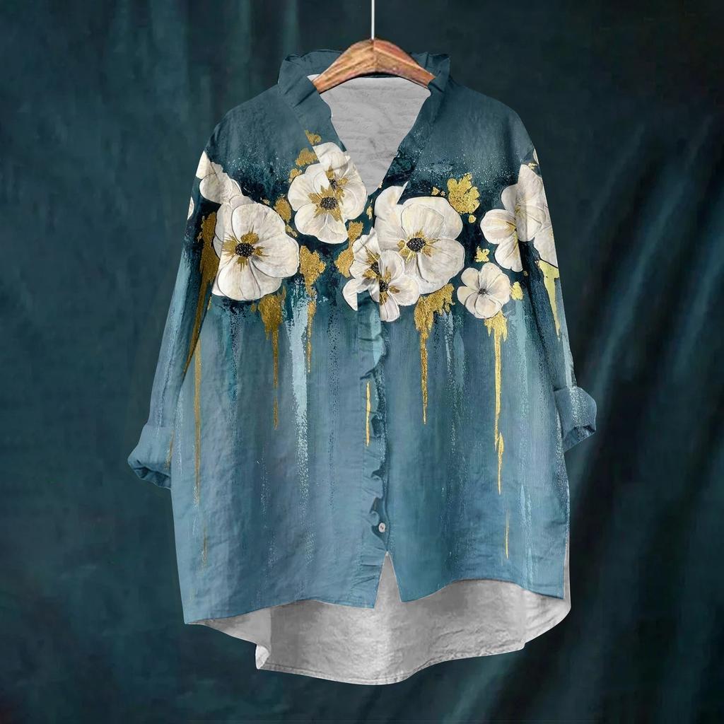 Dame Løs Volangert Blomstert Trykk Ståkrage Langermet Bomull og Lin Topp