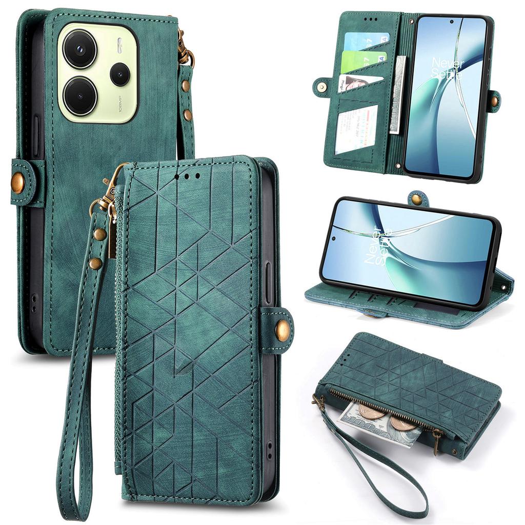 Dla Xiaomi Redmi Note 14 4G (163.25mm) Etui portfelowe na zamek błyskawiczny Geometryczne linie Skórzany pokrowiec na telefon ze smyczą