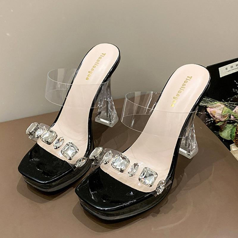 French rhinestone platform sandals women's thick heel waterproof table crystal transparent high heels one word with high heel cool slippers