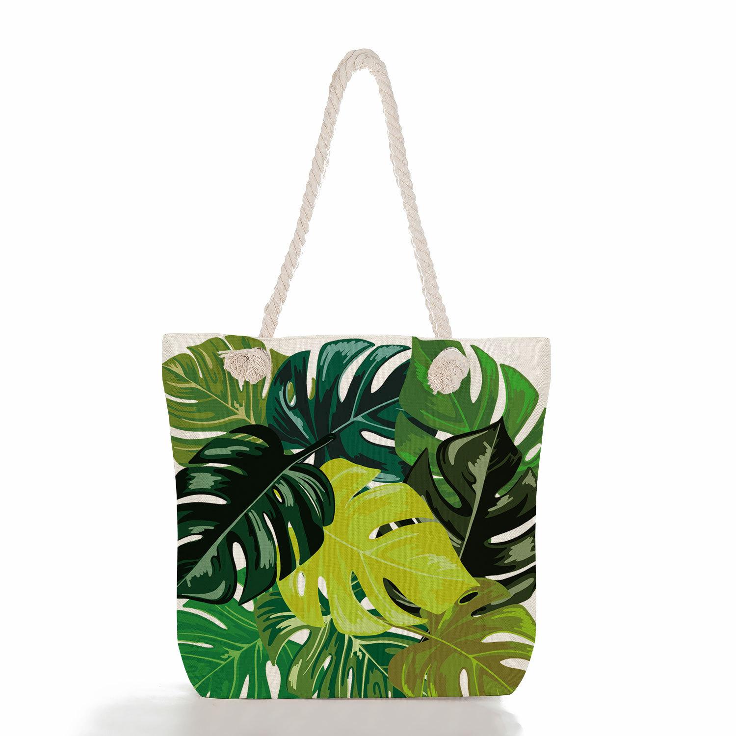 

Multifunctional Green leaves Printed Thick Rope Shoulder Beach Bag Casual large capacity handbag 7605 KTB