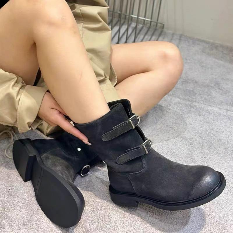 Sheepskin Version~ Retro Polished Belt Buckle Western Cowboy Boots Slim Short Boots Women's Maillard Martin Boots Locomotive Boots