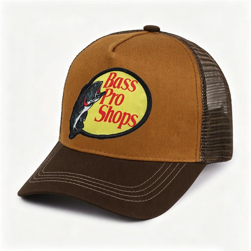 Bass embroidered mesh baseball cap, color-blocked baseball cap, men's summer breathable truck hat, high-top sun hat