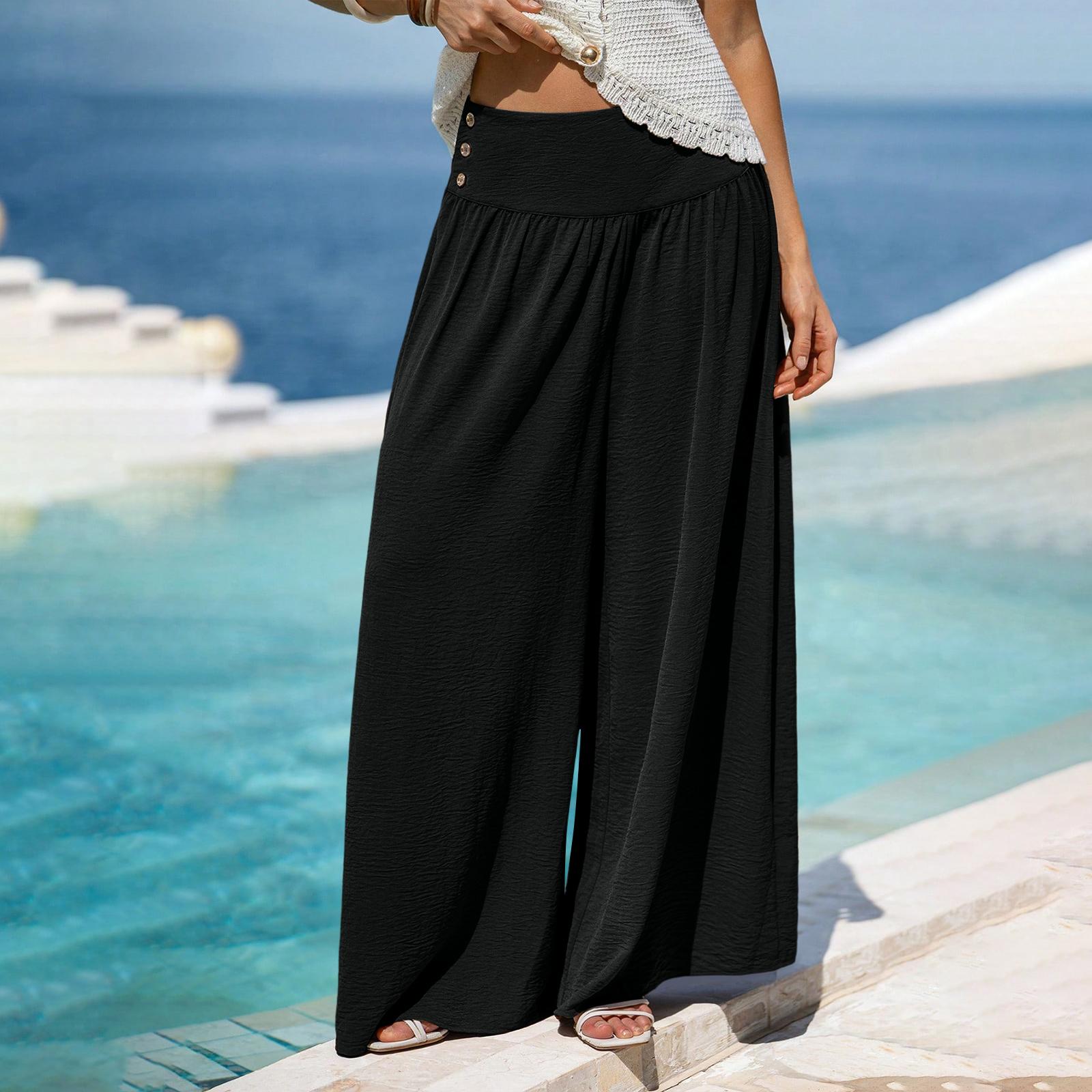

Women s High Waist Wide Leg Pants Lightweight Flowing Fabric Casual Loose Fit Trousers Elastic Waistband Comfortable Fit L чёрный