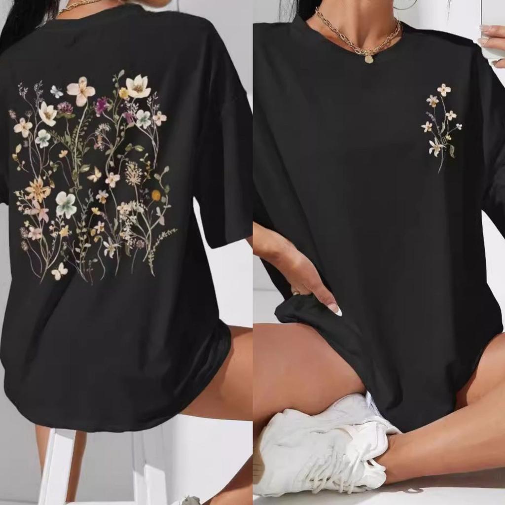 Women's Spring/Summer Fresh Print Short-Sleeve Top Breathable Loose-Fit Pullover T-Shirt