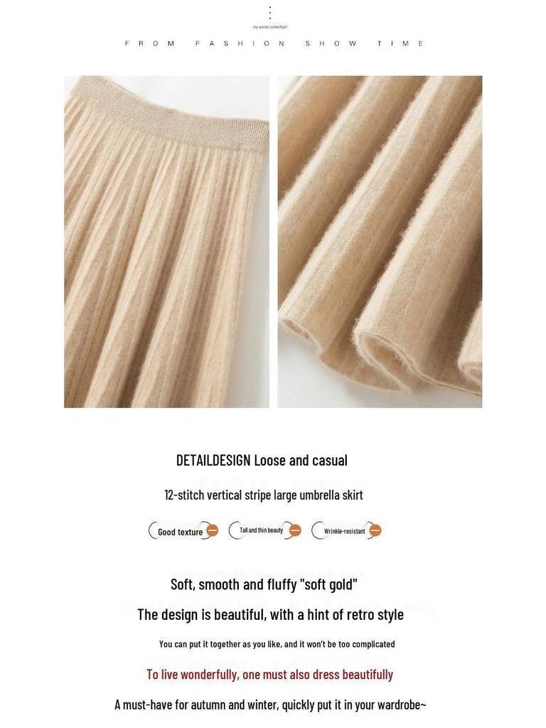 Women's High-Waisted Cashmere Pleated A-Line Skirt - Autumn/Winter Korean Style, Solid Color, Casual Wear