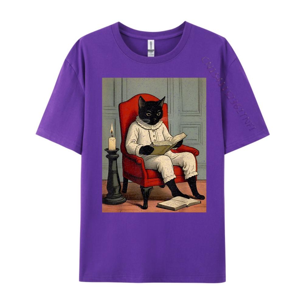 Funny Black Cat Reading A Book Fall Clothes Aesthetic Men's T-Shirts Loose