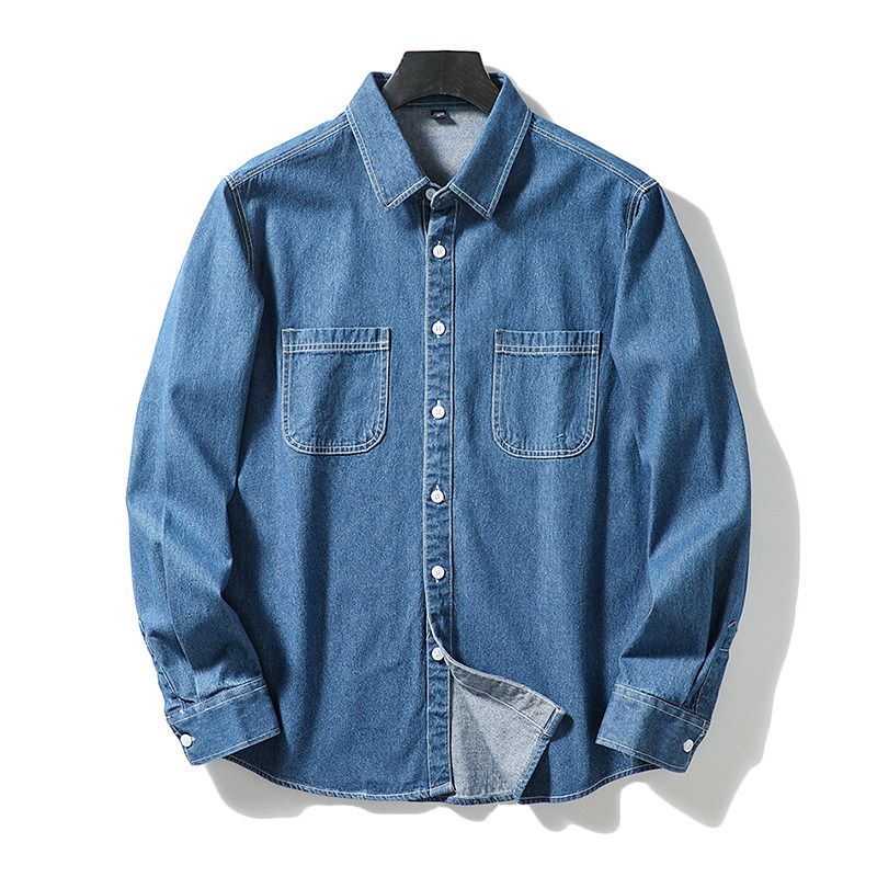 Trendy Brand Long Sleeve Spring and Autumn Retro Casual Denim Shirt Light Blue 4XL.