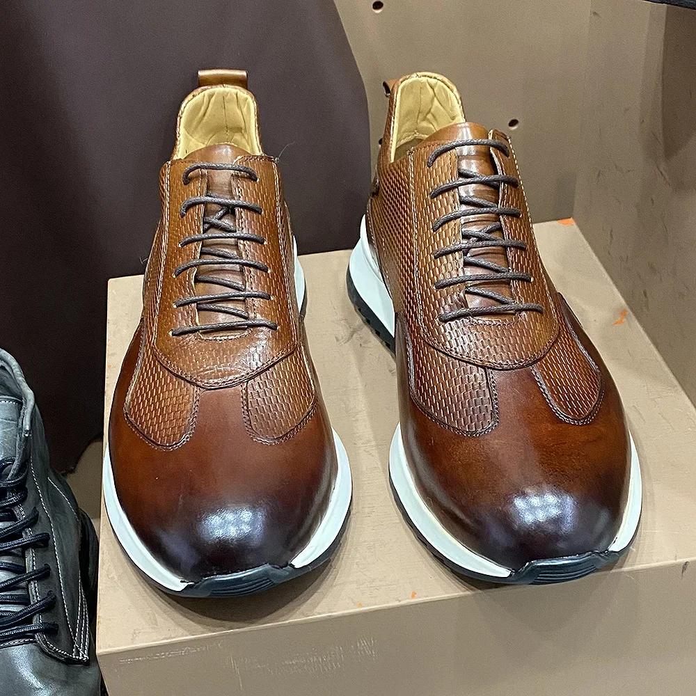 Fashion Men's Genuine Leather Casual Sneakers Lace-Up Comfortable Oxford Breathable Fashion Walking Shoes Outdoor Flat Footwear