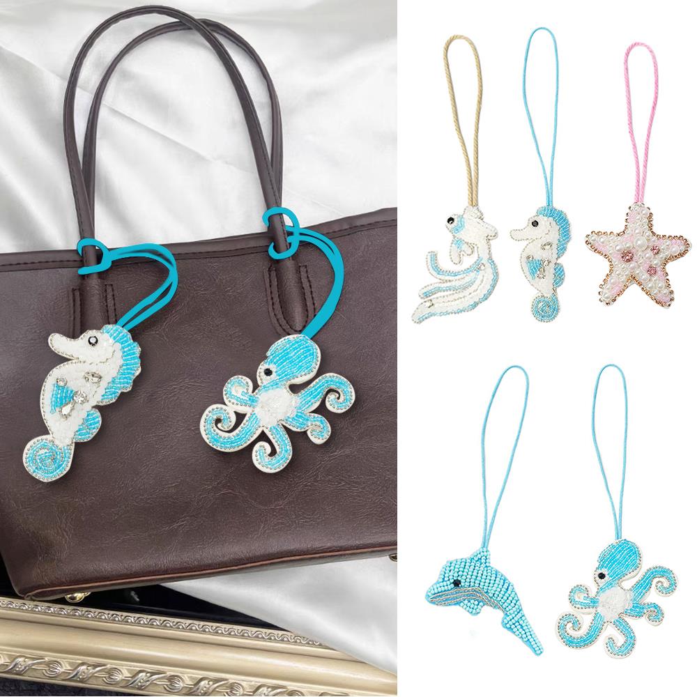 3D Beaded Conch Shells Starfish Hanging Rope Keychain Rhinestone Beaded Patches Crystal Bag Charm Handmade Hanging Decoration