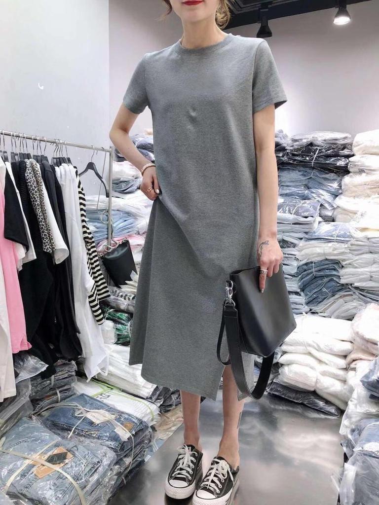 Abito T-shirt da donna midi con spacco 2025 - Maniche corte, ampio, sopra il ginocchio, scollo rotondo, stile estivo