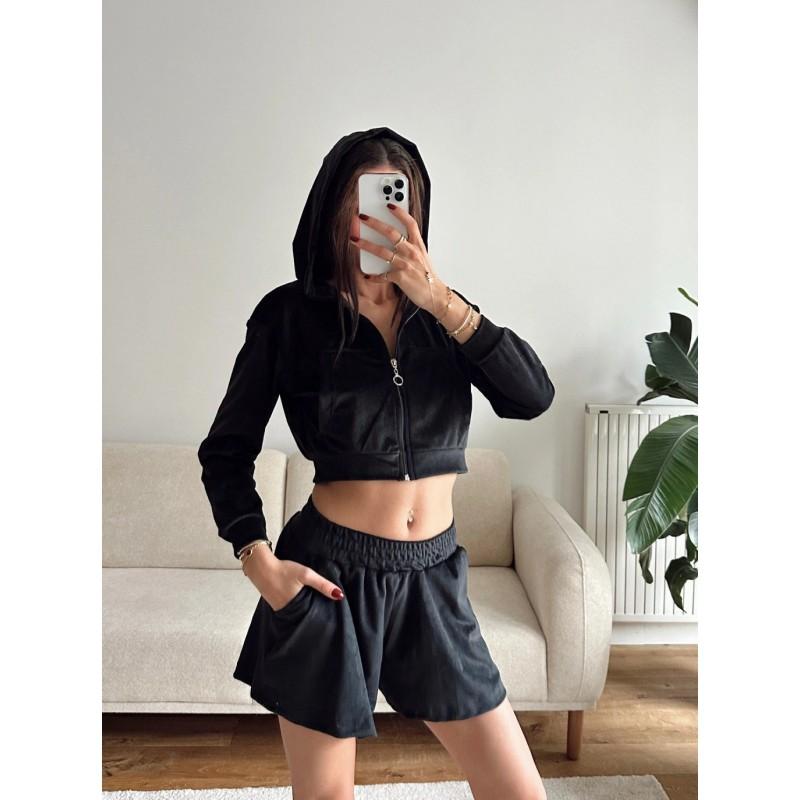 Womens Long Sleeve Zip-Up Hooded Lounge Set With Elastic Waist Shorts Comfortable Casual Two-Piece Outfit