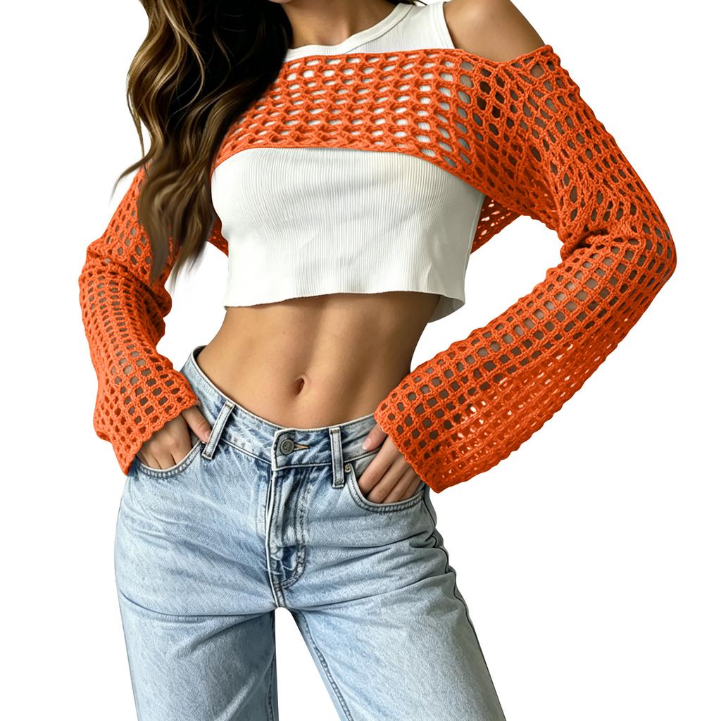 Women's Sunscreen Hollow Long Sleeve Backless Bikini Beach Dress Knit Sweater Cover-Up