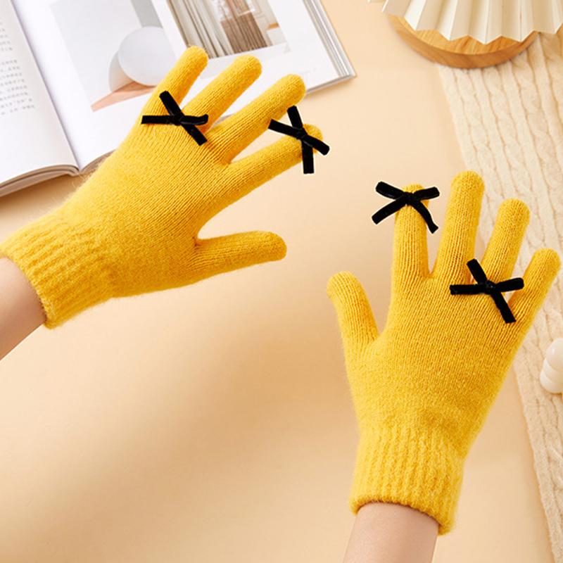 Five-finger Solid Color Warm Knitted Gloves for Women Bow-knot Cold-proof Gloves