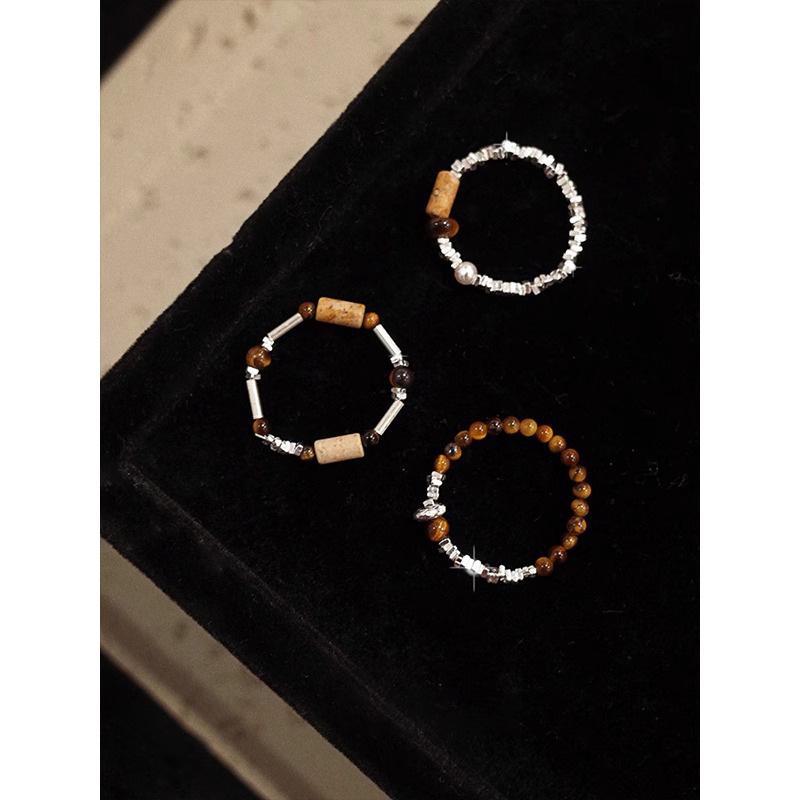 Tiger Eye Stone Elastic Retro Design Ring for Women - High-End Luxury Literary Style Index Finger Ring.