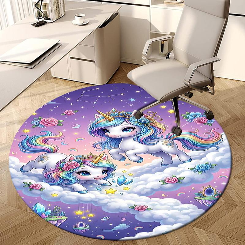 1PC Unicorns Clouds Non-Slip Floor Round Carpet, Office, Family, Bedroom, Large Area Rug Indoor Rugs, Durable Polyester-L0392