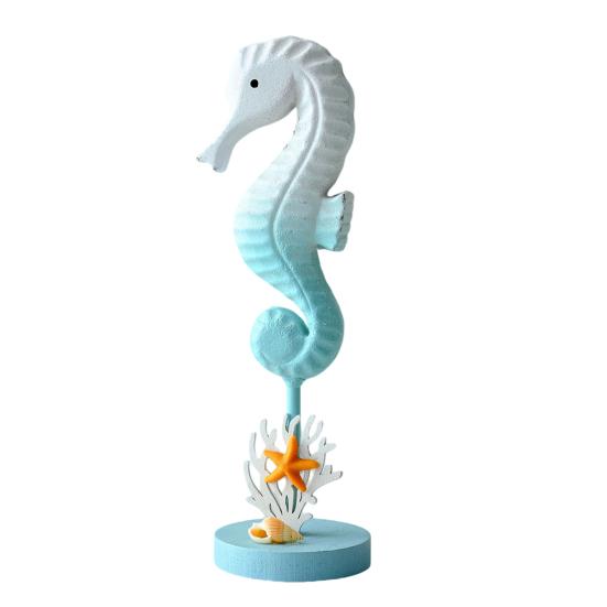 Wooden Seahorse Ornament with Round Base Rustic Seashell Starfish Seahorse Figurine Home Coastal Beach House Decoration