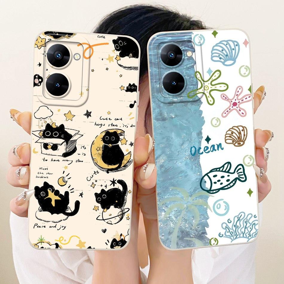 For Realme V30 V30t RMX3618 RMX3619 Cute Cat Flower Cartoon Phone Case For RealmeV30 V30T 5G Soft Silicone Cover Bumpers