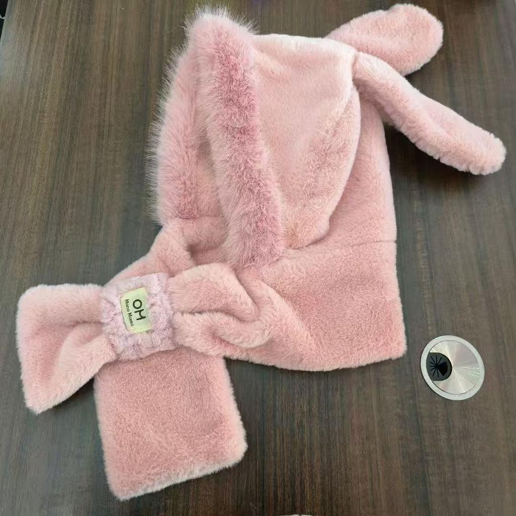 New cute rabbit ears plush hat scarf integrated two-piece set women's autumn and winter hooded scarf to keep warm