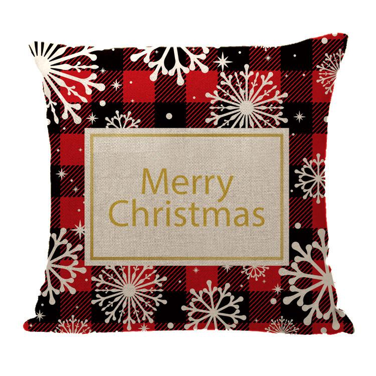 Red Plaid Sofa Linen Christmas Pillow Cover Reindeer Snowflake Home Cushion Cover