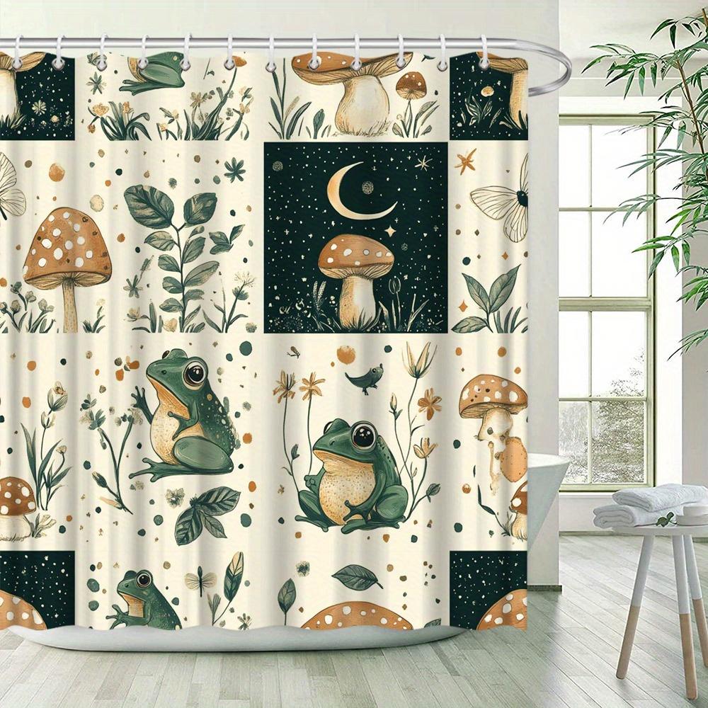 Whimsical Nature Shower Curtain - Cartoon Frog, Mushroom & Night Sky Design, Green Leaves & Cream Background