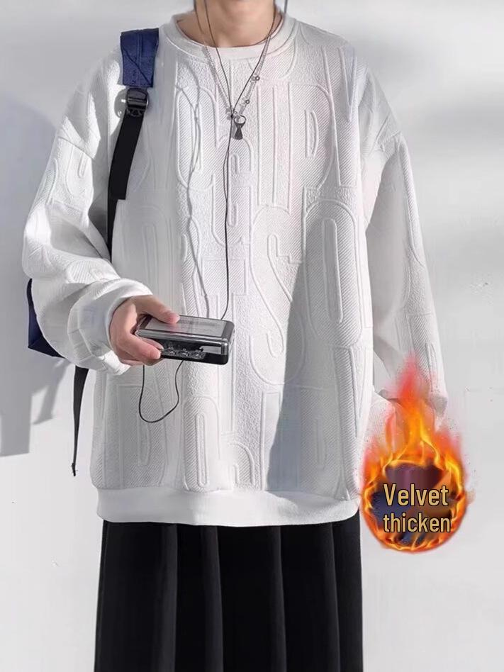 Men's Heavyweight Jacquard Round Neck Hoodie with Plus Velvet for Fall and Winter – Long Sleeve Inner Base Layer Style